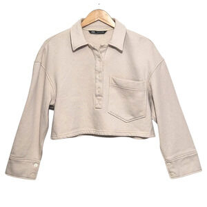 ZARA Cropped Polo Button Down Top Cream Long Sleeve S Casual Chic Streetstyle
